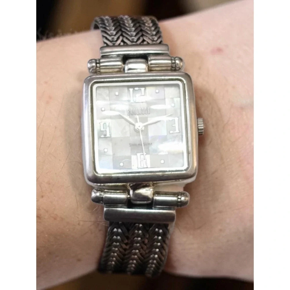 Ecclissi Sterling Silver 925 Mother of Pearl Mosaic Dial Bracelet Watch New Batt
